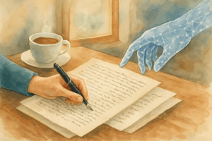 Imagem em estilo aquarela tradicional com elementos digitais: uma mesa de madeira clara com um manuscrito parcialmente editado, canetas-tinteiro, folhas soltas com anotações e uma xícara de chá ao lado. Ao fundo, um notebook aberto exibe um software de edição de texto, sugerindo a colaboração entre o toque humano e a tecnologia. A luz suave entra pela janela, iluminando suavemente o ambiente, transmitindo uma atmosfera acolhedora e reflexiva, ideal para o trabalho de edição humanizada.
