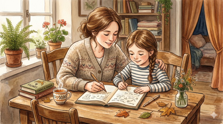 PT: Ilustração em aquarela de mãe e filha escrevendo juntas em um caderno aberto sobre mesa de madeira — Método GpA de escrita colaborativa em família. | EN: Watercolor illustration of mother and daughter writing together in an open notebook on a wooden table — GpA Method of collaborative family writing