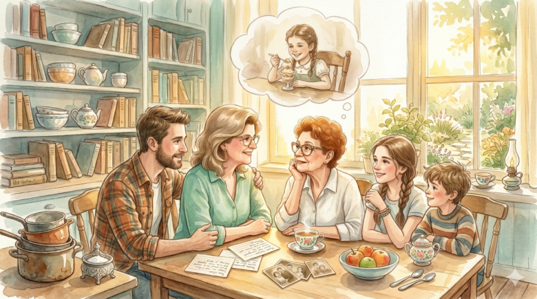 PT: Família reunida à mesa ouvindo a avó contar memórias da infância, com fotos antigas, receitas manuscritas e chá — resgate de legado afetivo. | EN: Family gathered at a table listening to grandmother share childhood memories, with old photos, handwritten recipes and tea — affective legacy rescue.